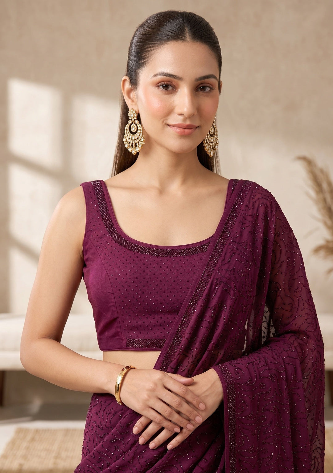 Wine Swarovski Satin Saree