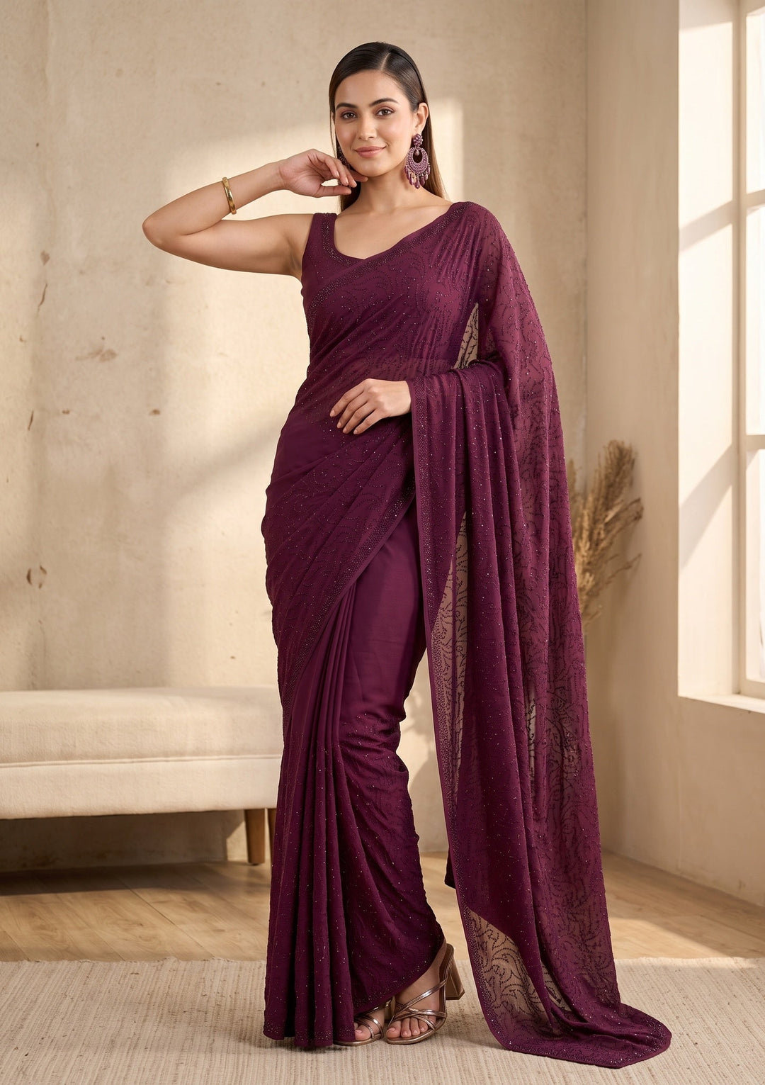 Wine Swarovski Satin Saree