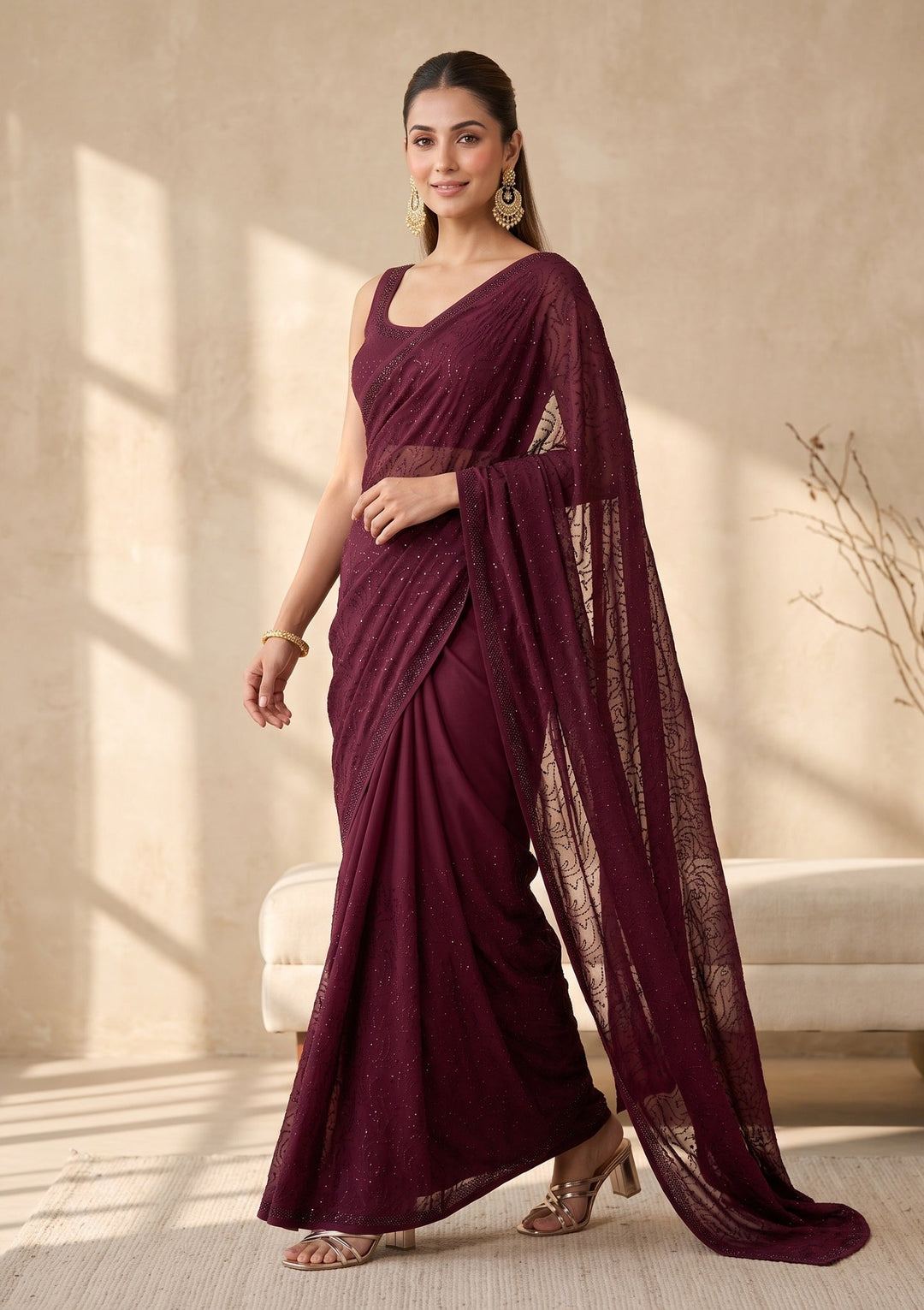 Wine Swarovski Satin Saree