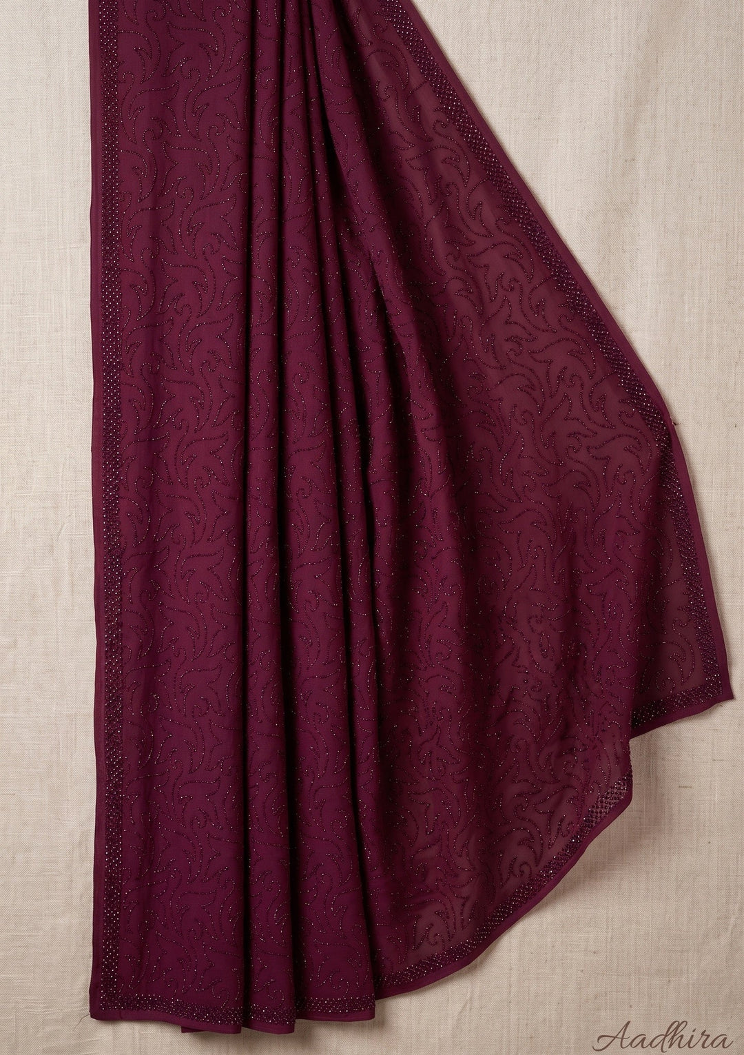 Wine Swarovski Satin Saree
