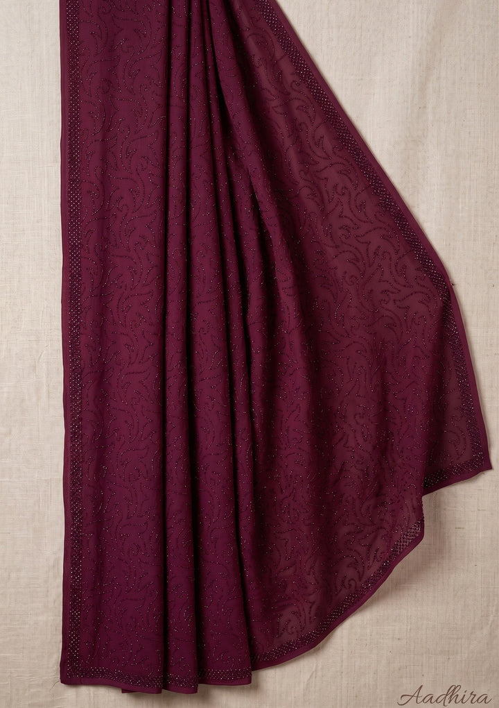 Wine Swarovski Satin Saree