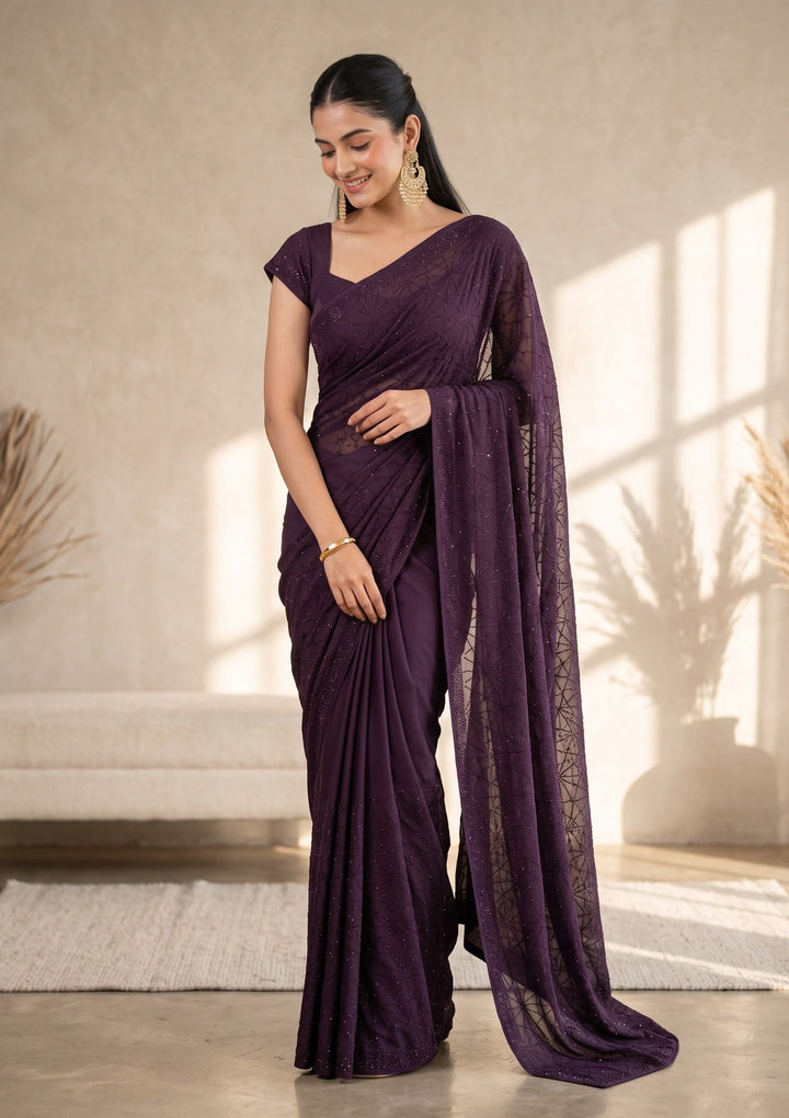 Purple Swarovski Satin Saree