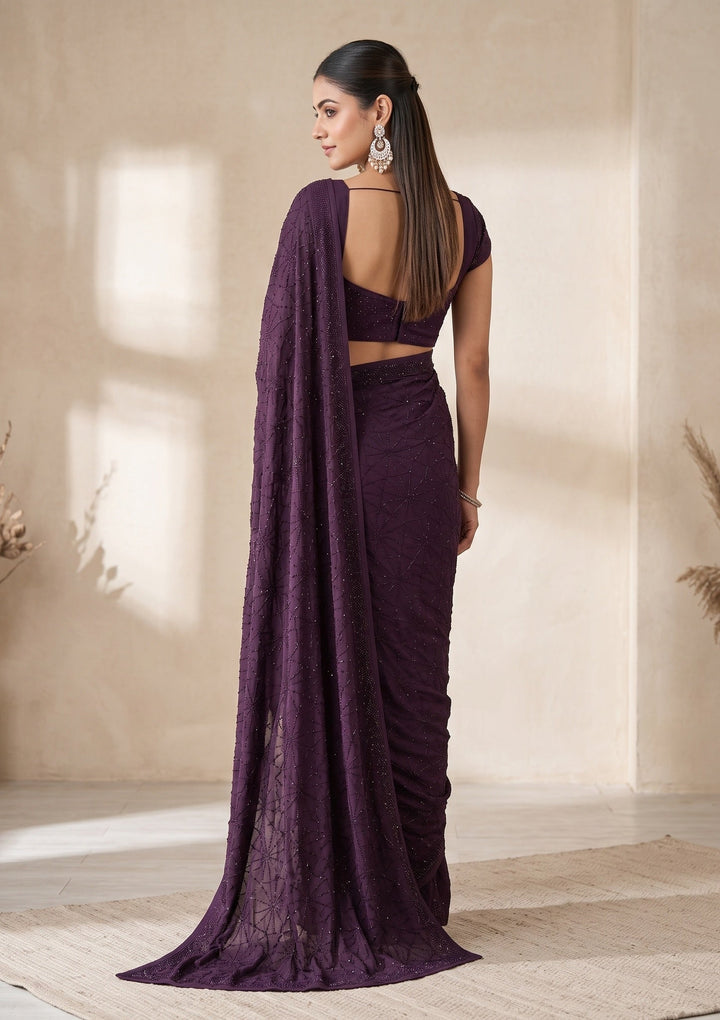 Purple Swarovski Satin Saree