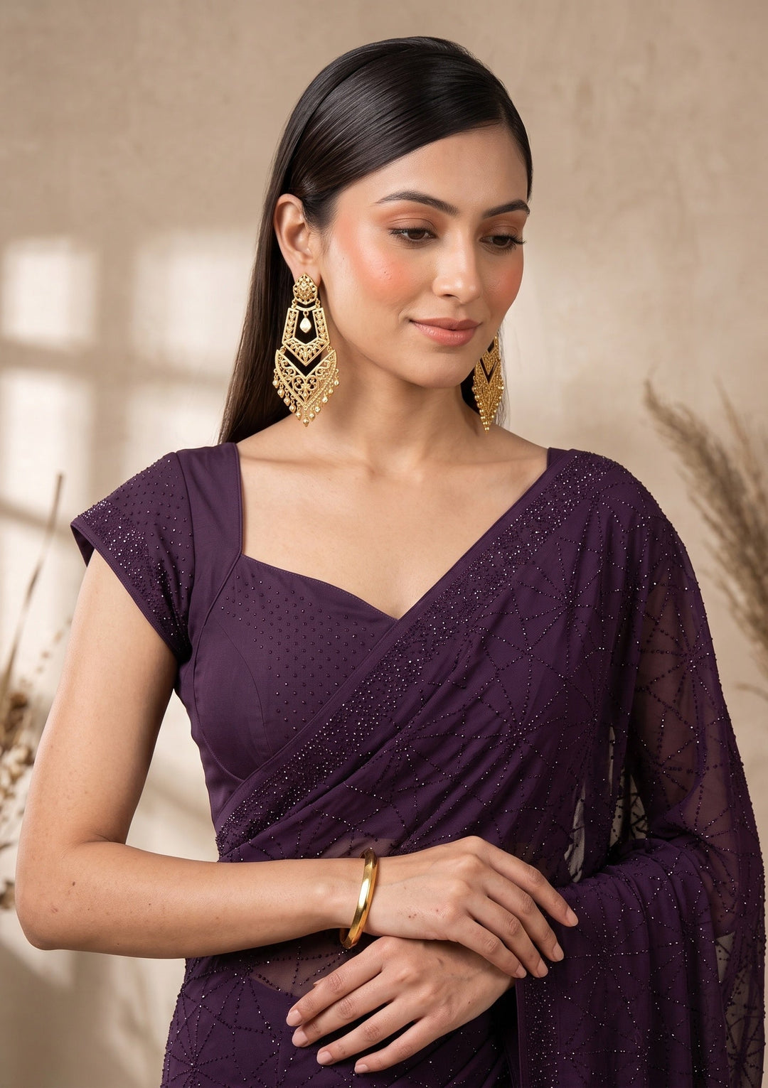 Purple Swarovski Satin Saree