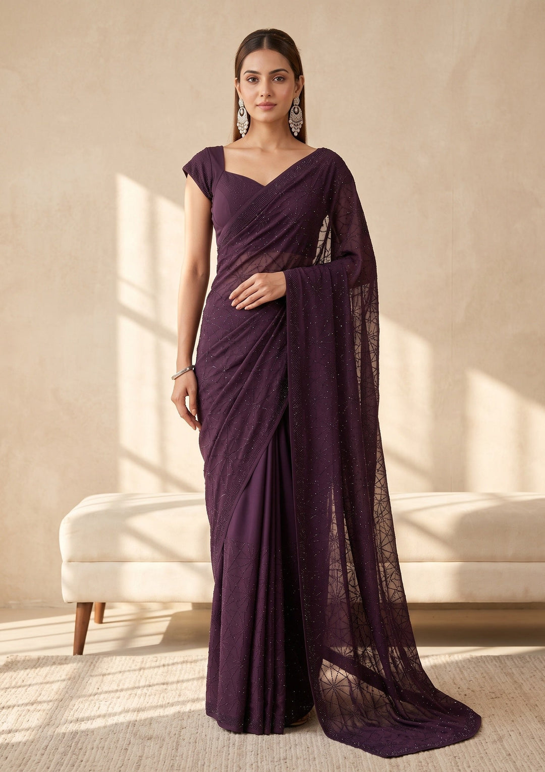 Purple Swarovski Satin Saree