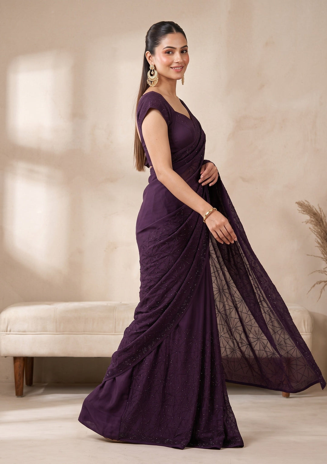 Purple Swarovski Satin Saree