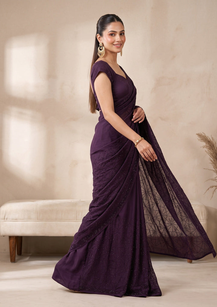 Purple Swarovski Satin Saree