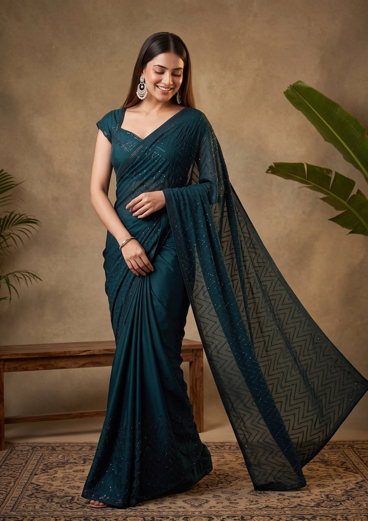 Peacock Blue Swarovski Satin Saree