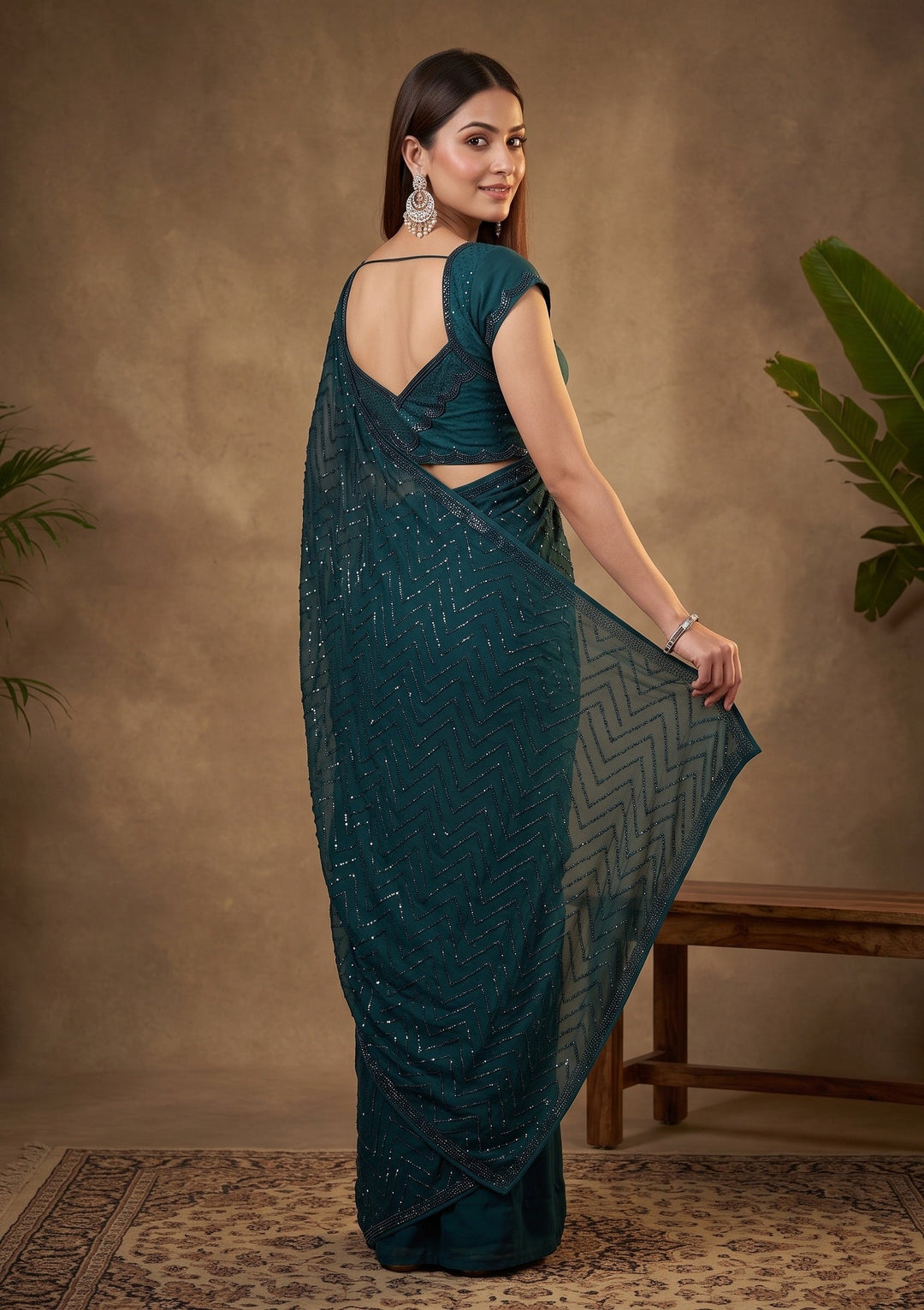 Peacock Blue Swarovski Satin Saree
