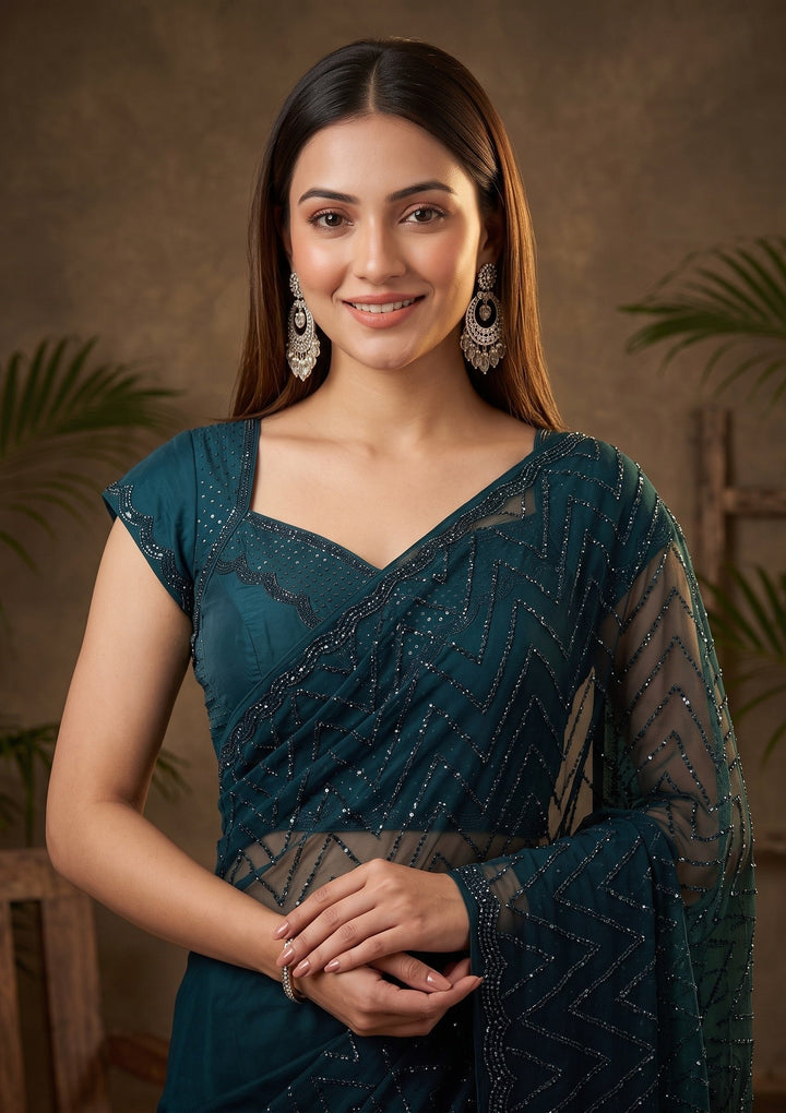 Peacock Blue Swarovski Satin Saree