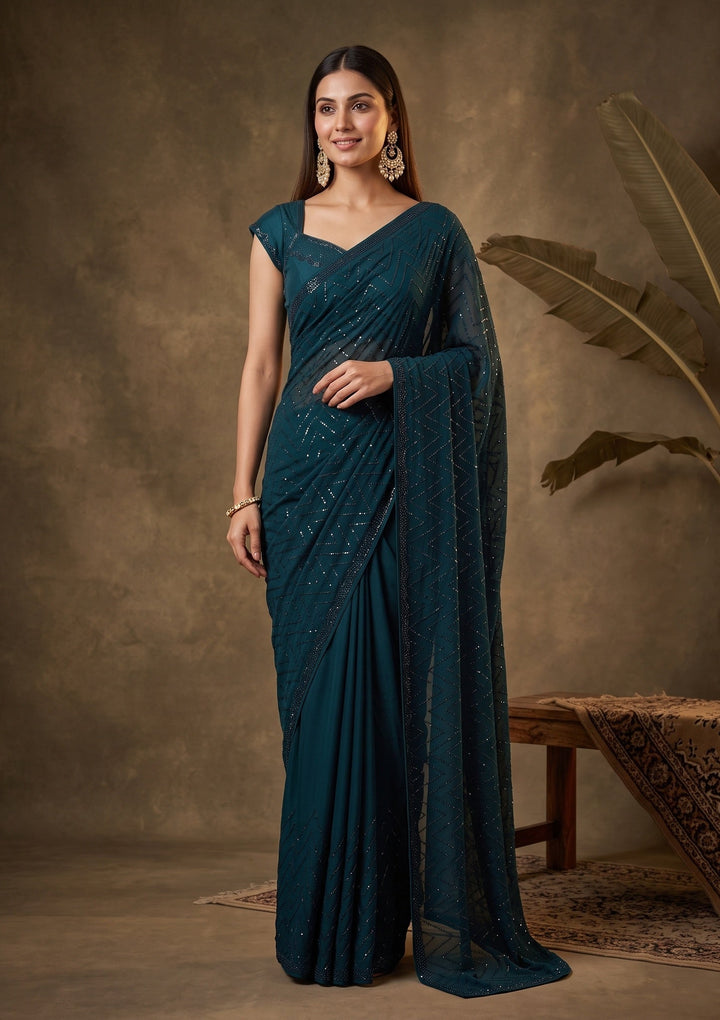 Peacock Blue Swarovski Satin Saree