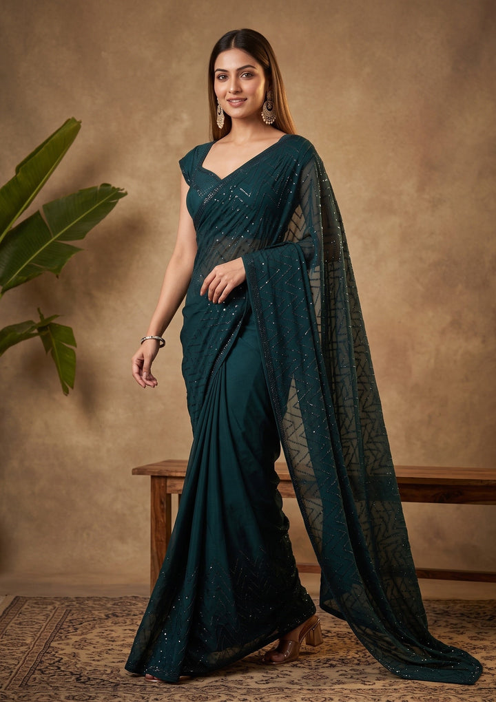 Peacock Blue Swarovski Satin Saree