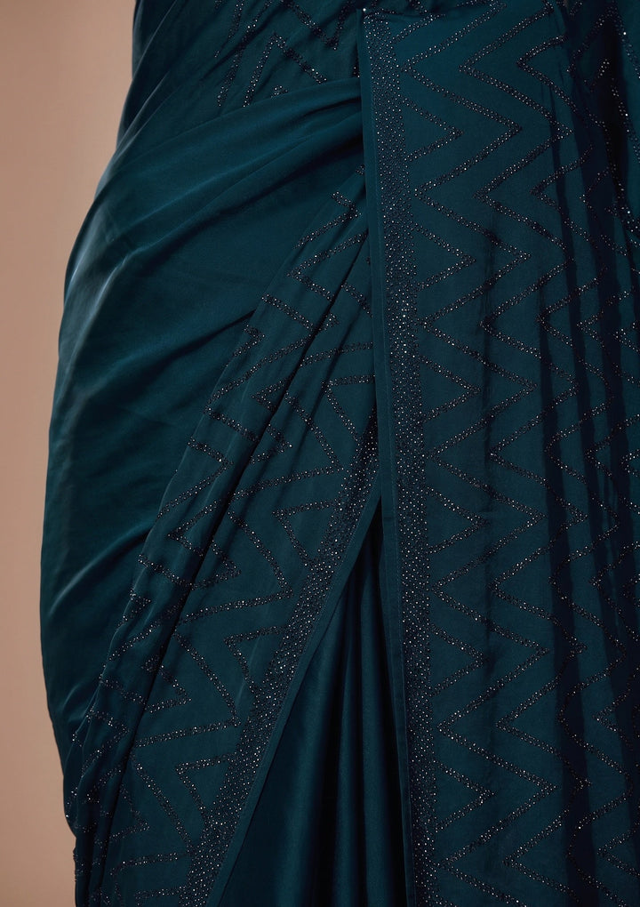 Peacock Blue Swarovski Satin Saree