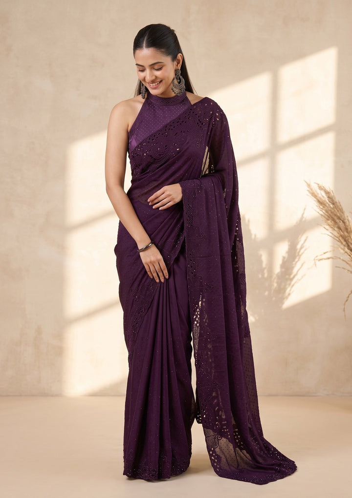 Purple Swarovski Satin Saree