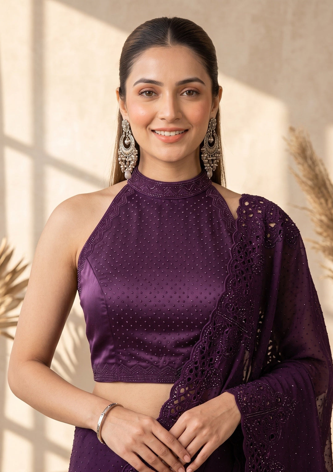 Purple Swarovski Satin Saree