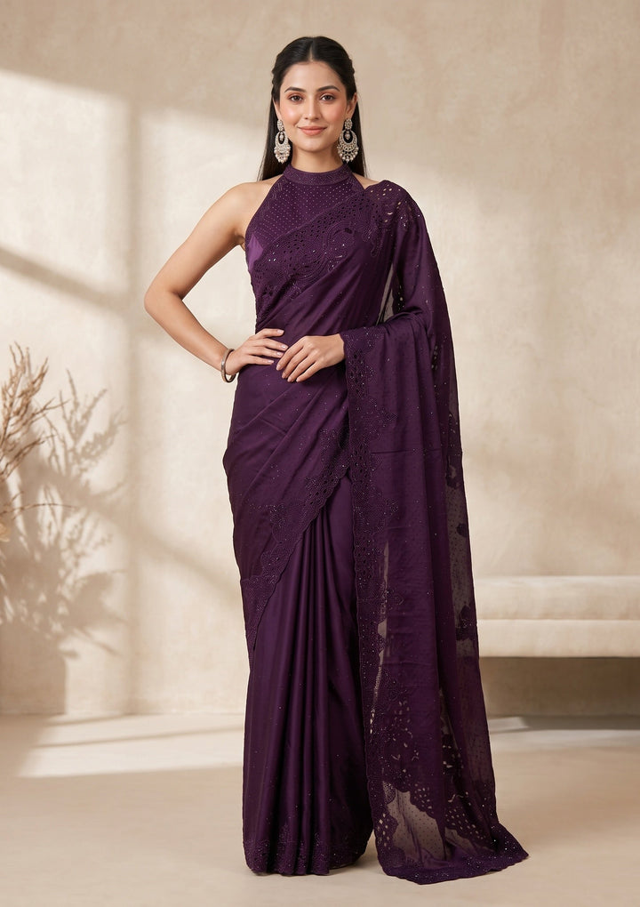 Purple Swarovski Satin Saree
