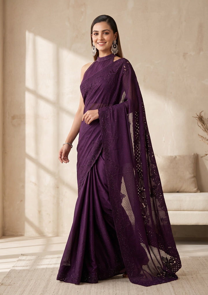 Purple Swarovski Satin Saree