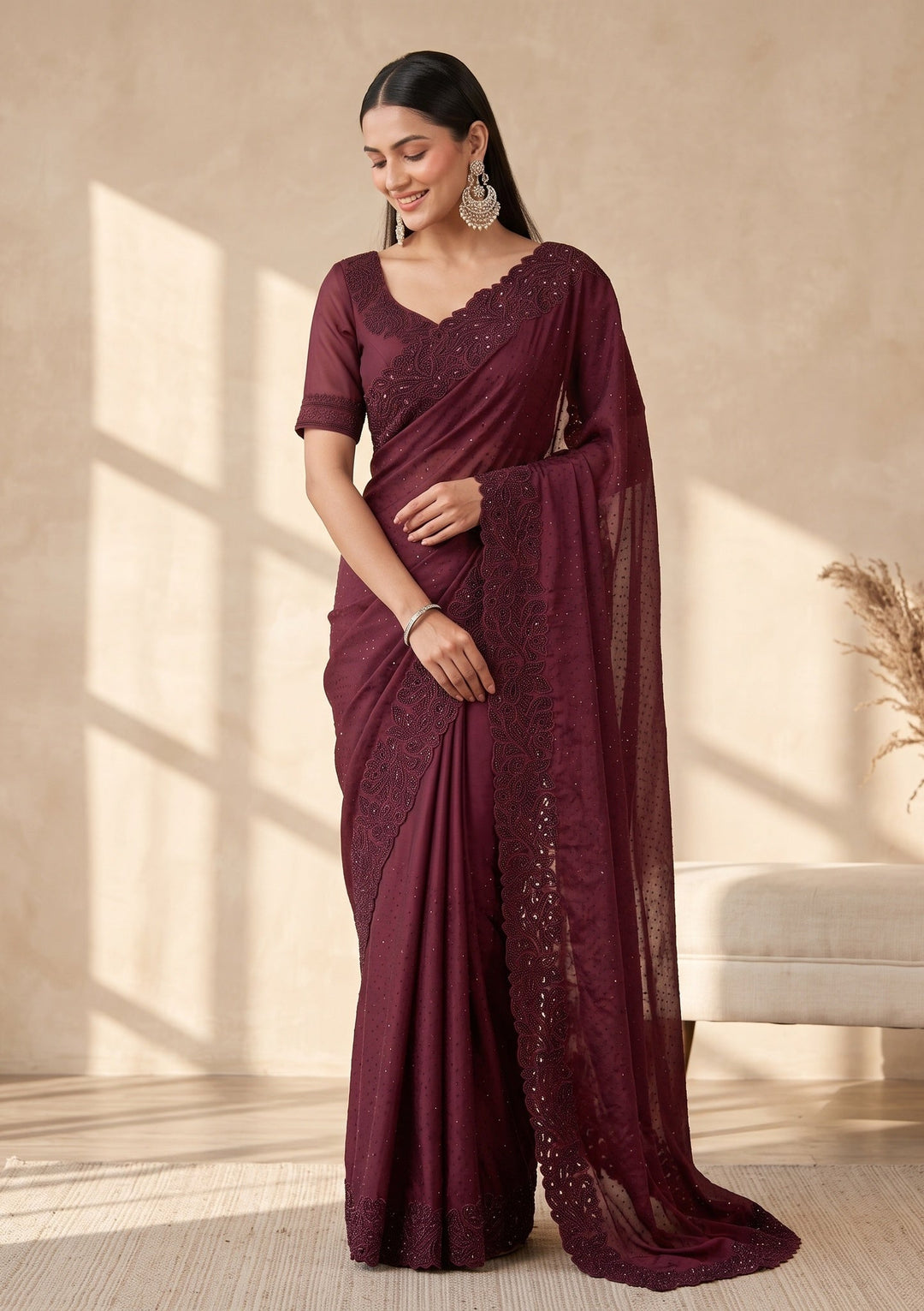 Wine Cutwork Satin Saree