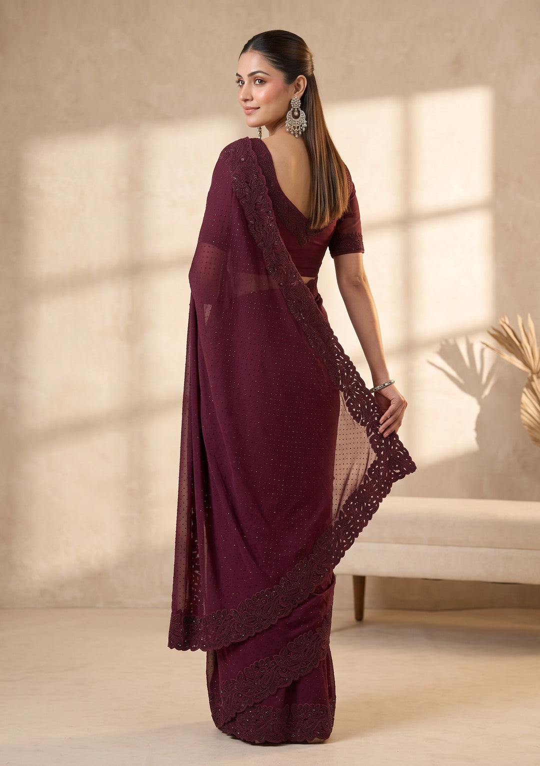 Wine Cutwork Satin Saree
