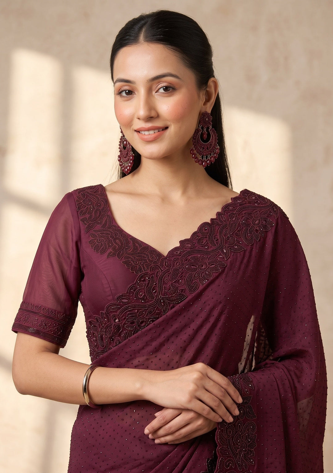Wine Cutwork Satin Saree