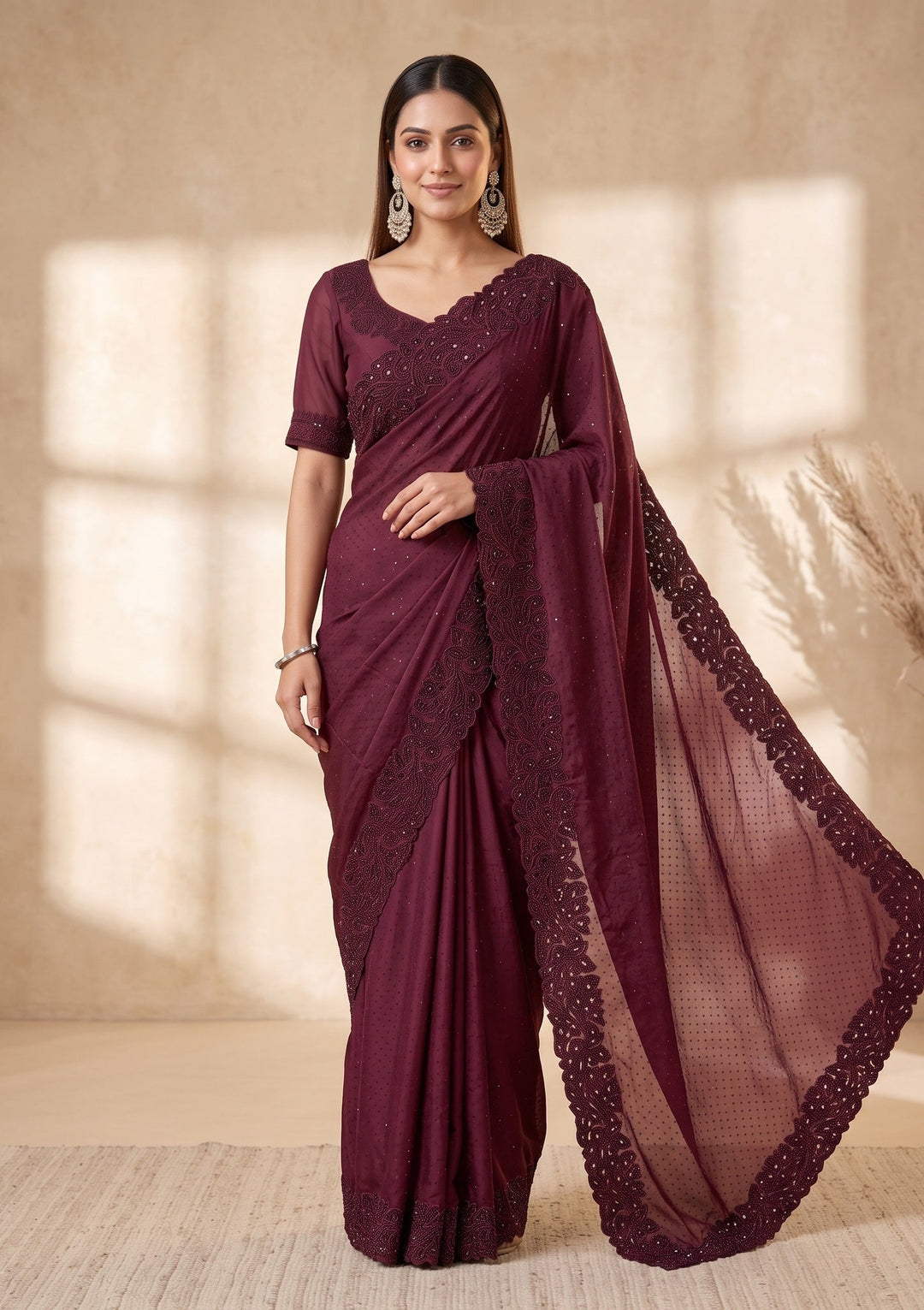 Wine Cutwork Satin Saree