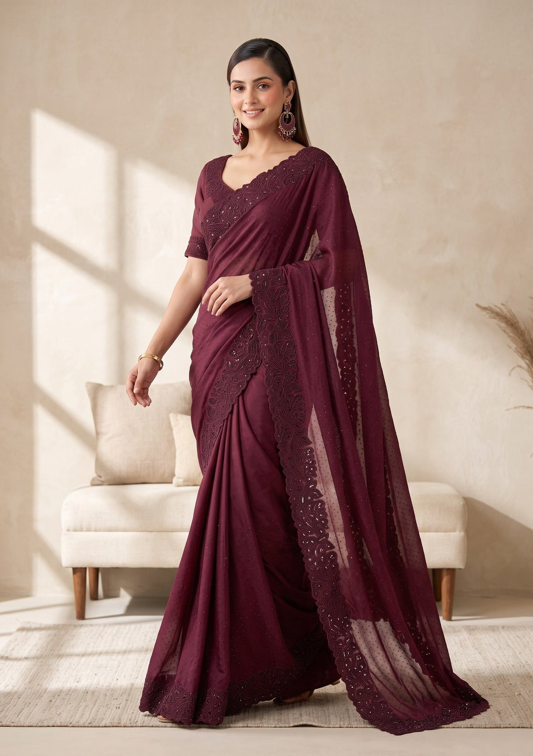 Wine Cutwork Satin Saree