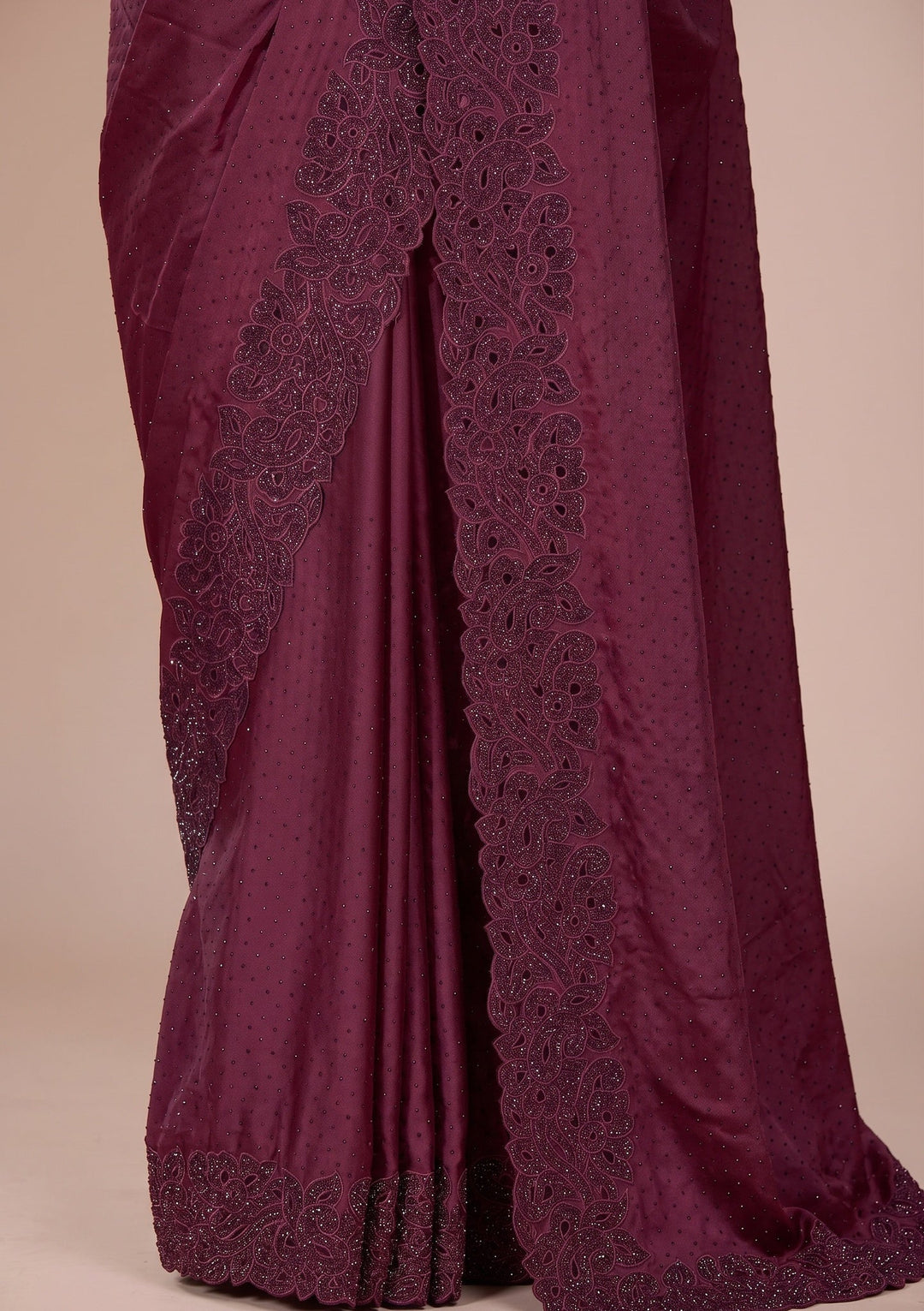 Wine Cutwork Satin Saree