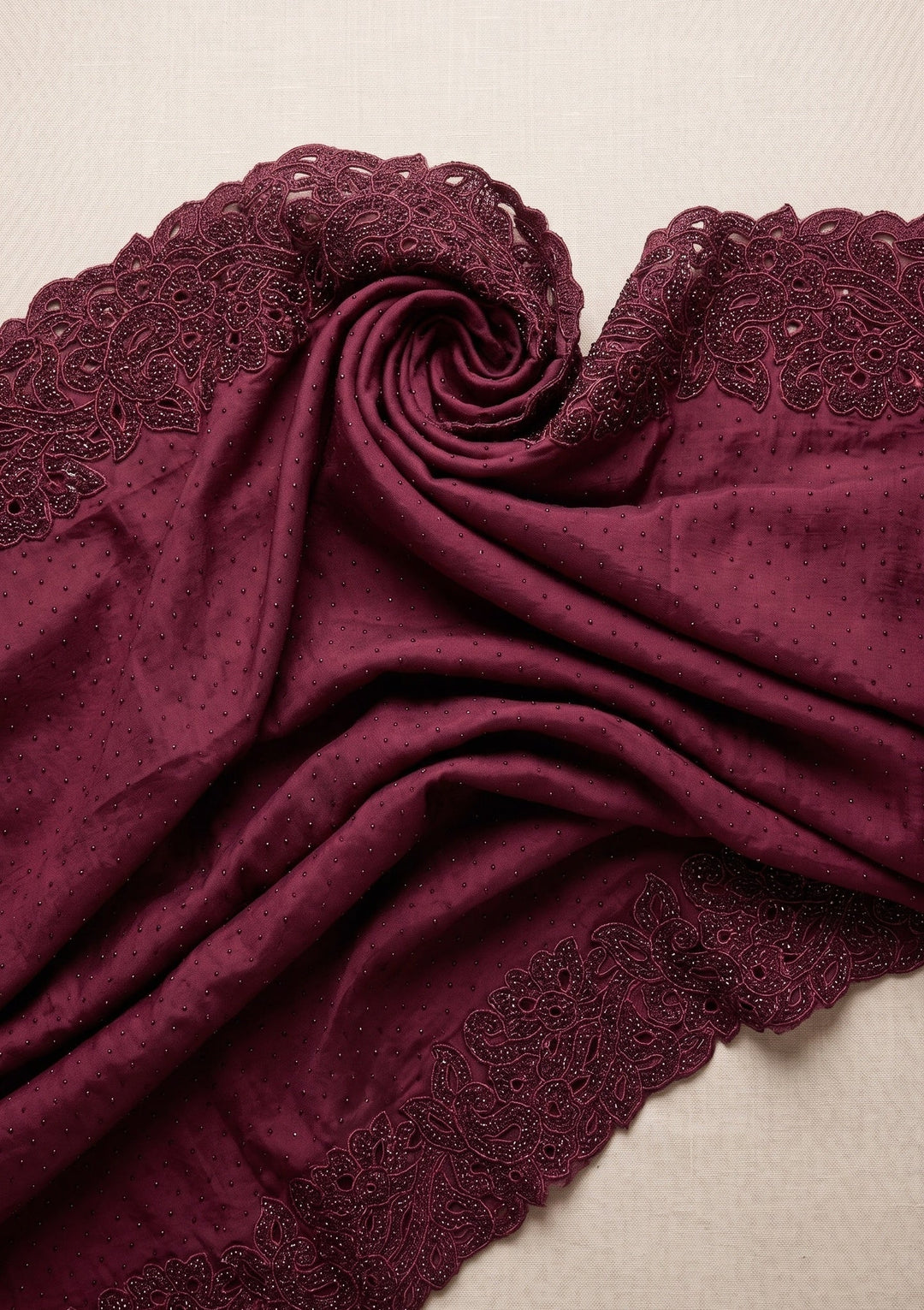 Wine Cutwork Satin Saree