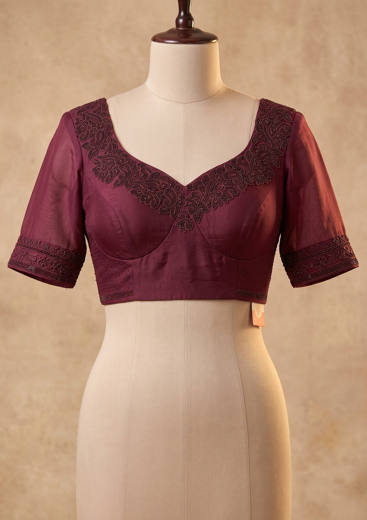 Wine Cutwork Satin Saree