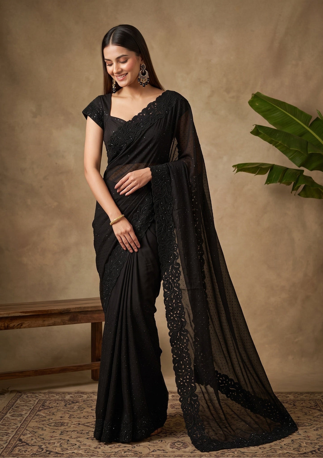 Black Swarovski Satin Saree