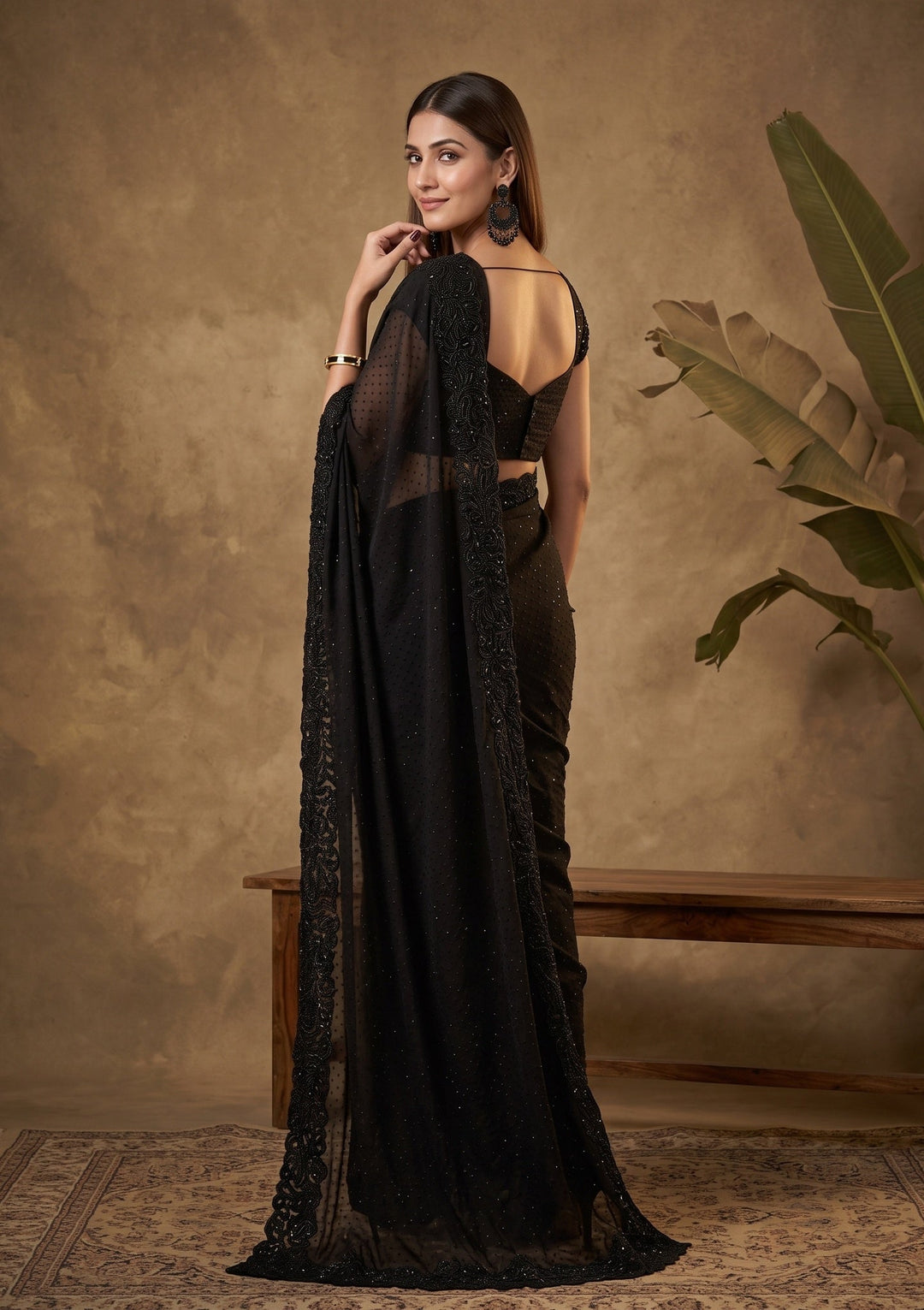 Black Swarovski Satin Saree