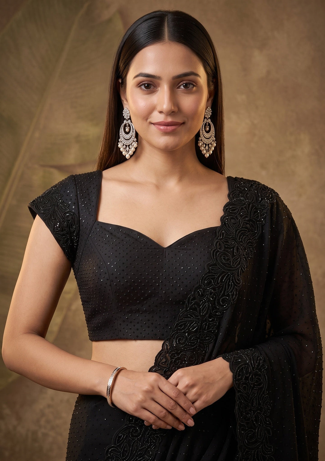 Black Swarovski Satin Saree