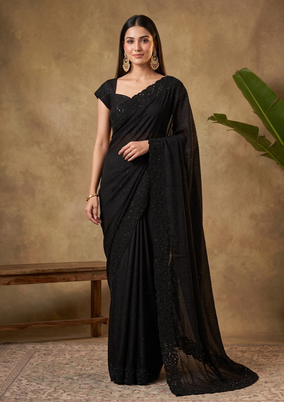 Black Swarovski Satin Saree