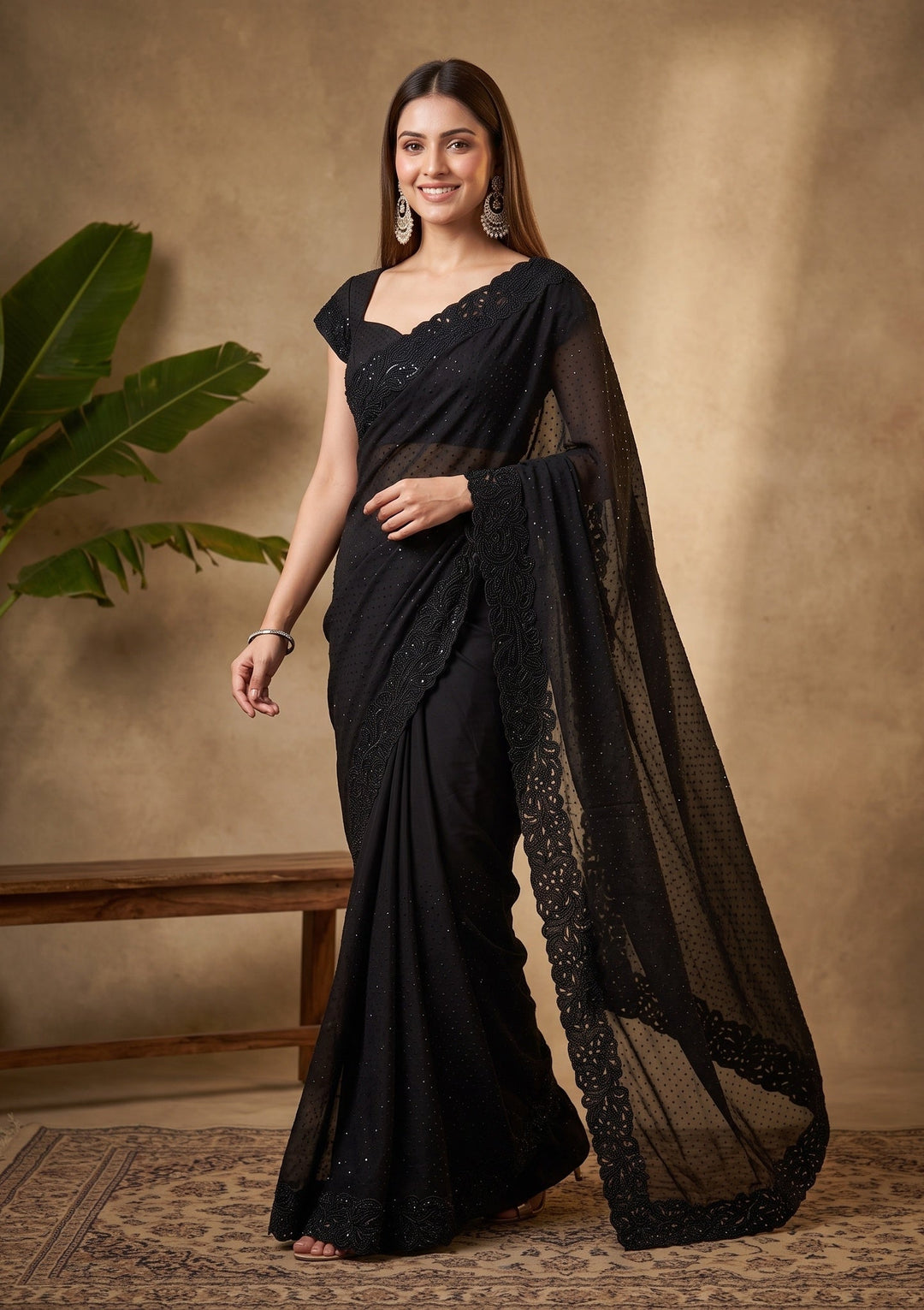 Black Swarovski Satin Saree
