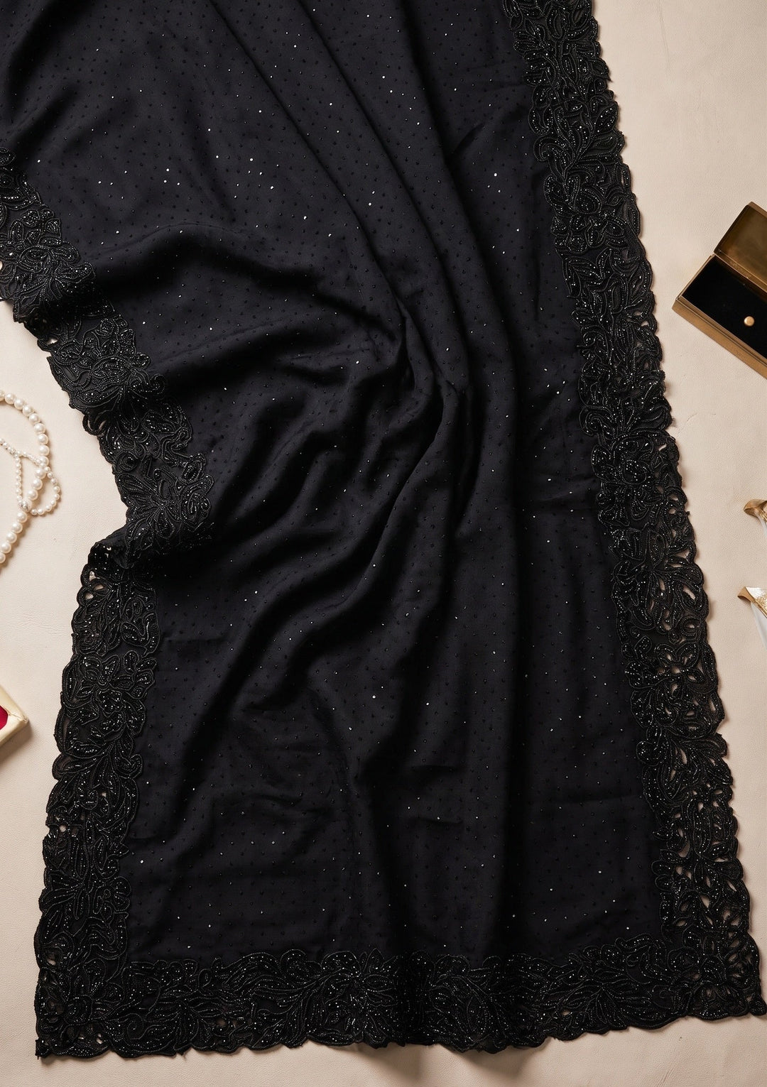 Black Swarovski Satin Saree