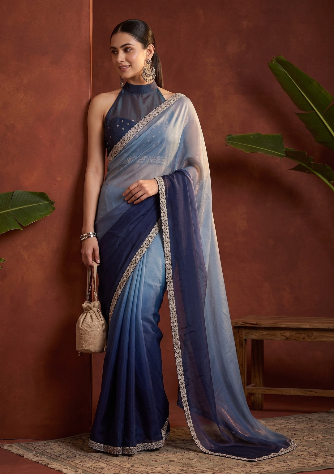 Sky Blue Stonework (Gold) Tissue Saree