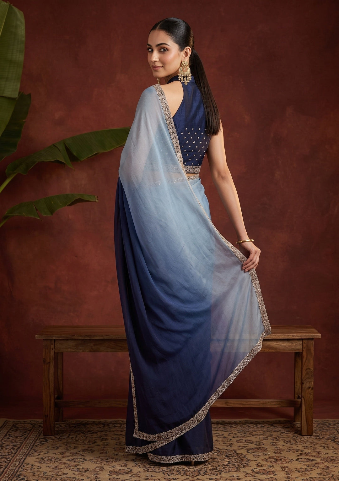 Sky Blue Stonework (Gold) Tissue Saree