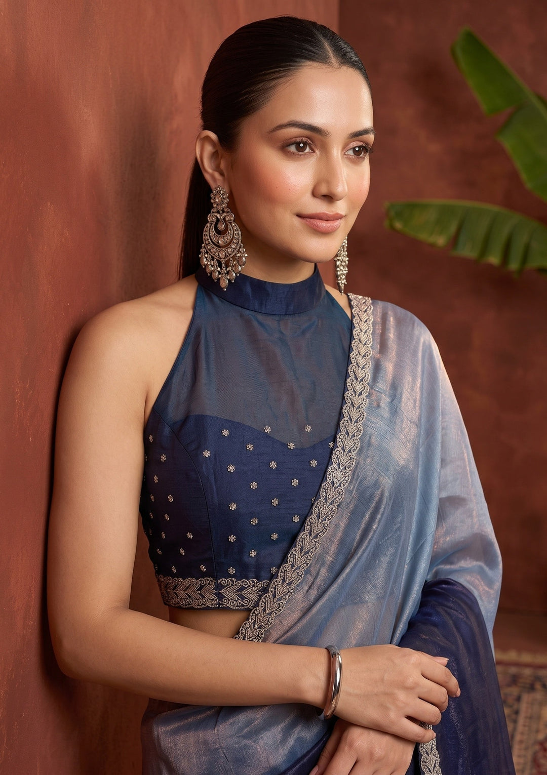 Sky Blue Stonework (Gold) Tissue Saree
