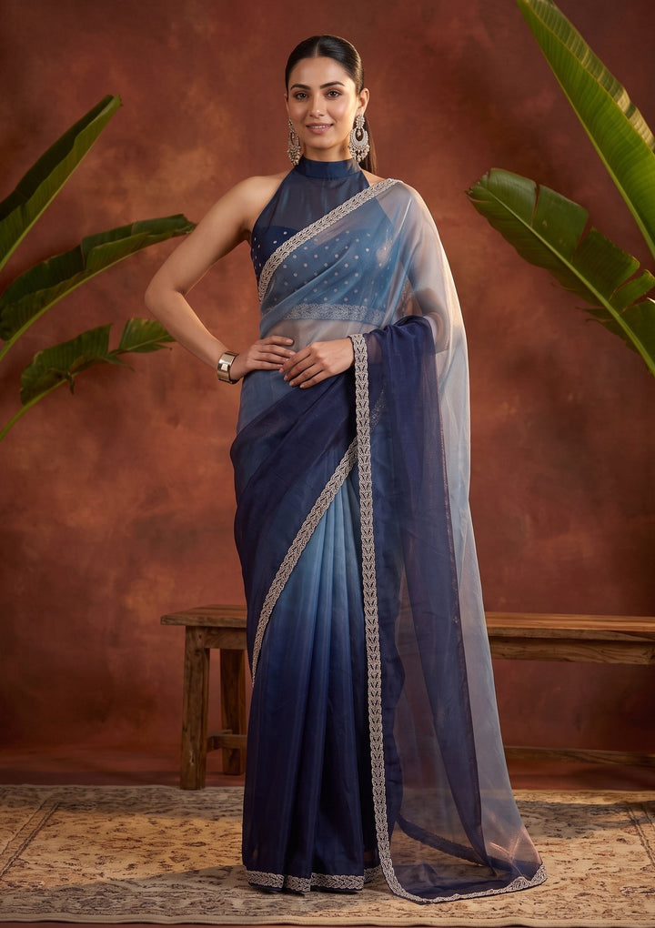 Sky Blue Stonework (Gold) Tissue Saree