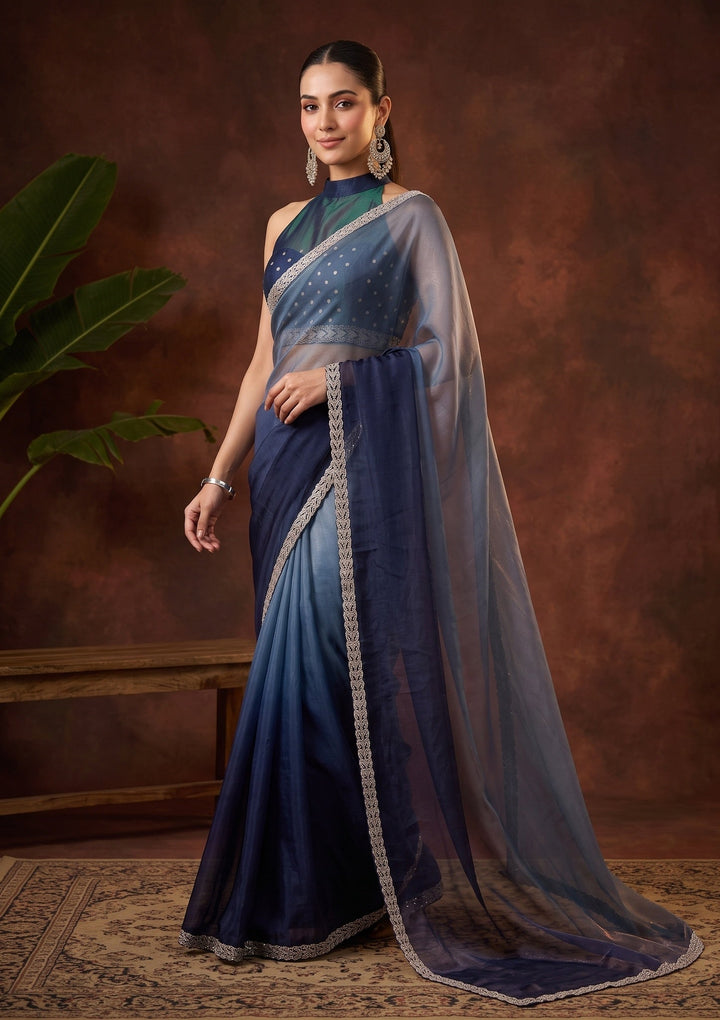 Sky Blue Stonework (Gold) Tissue Saree
