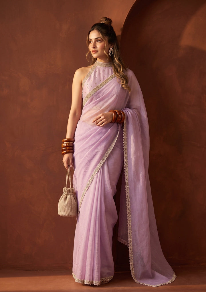 Dark Lavender Stonework (Gold) Chiffon Saree