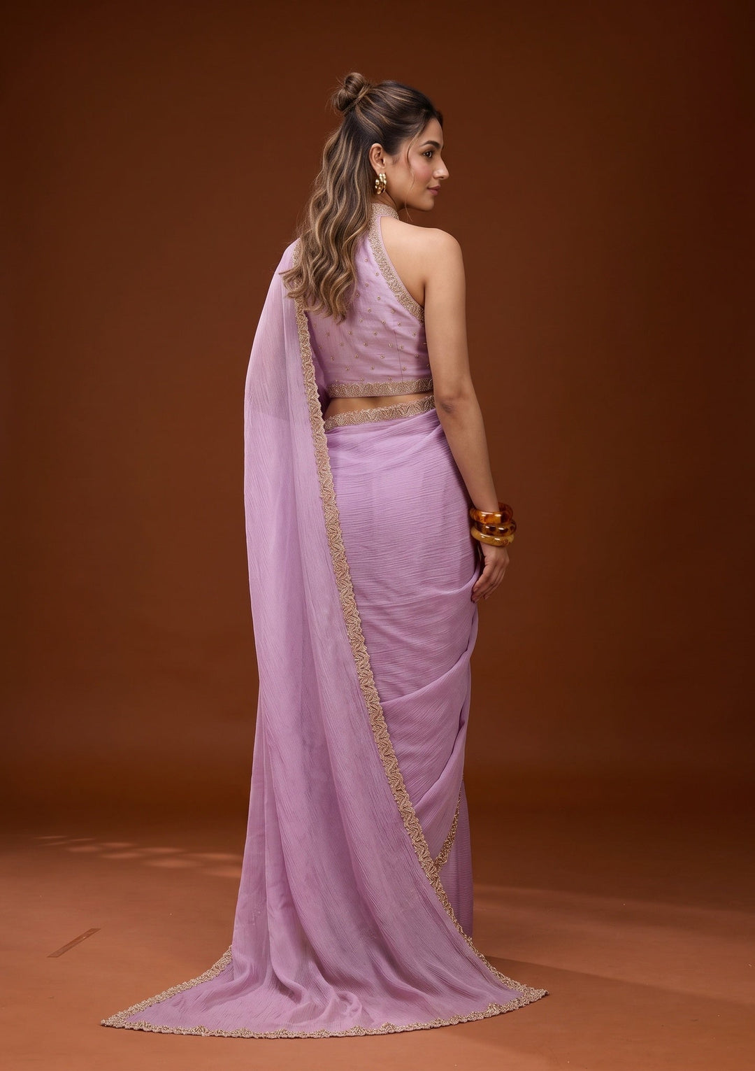 Dark Lavender Stonework (Gold) Chiffon Saree