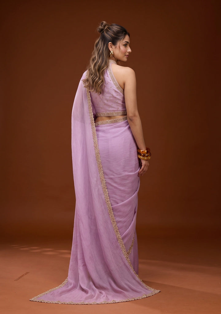Dark Lavender Stonework (Gold) Chiffon Saree