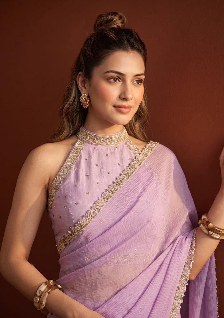 Dark Lavender Stonework (Gold) Chiffon Saree
