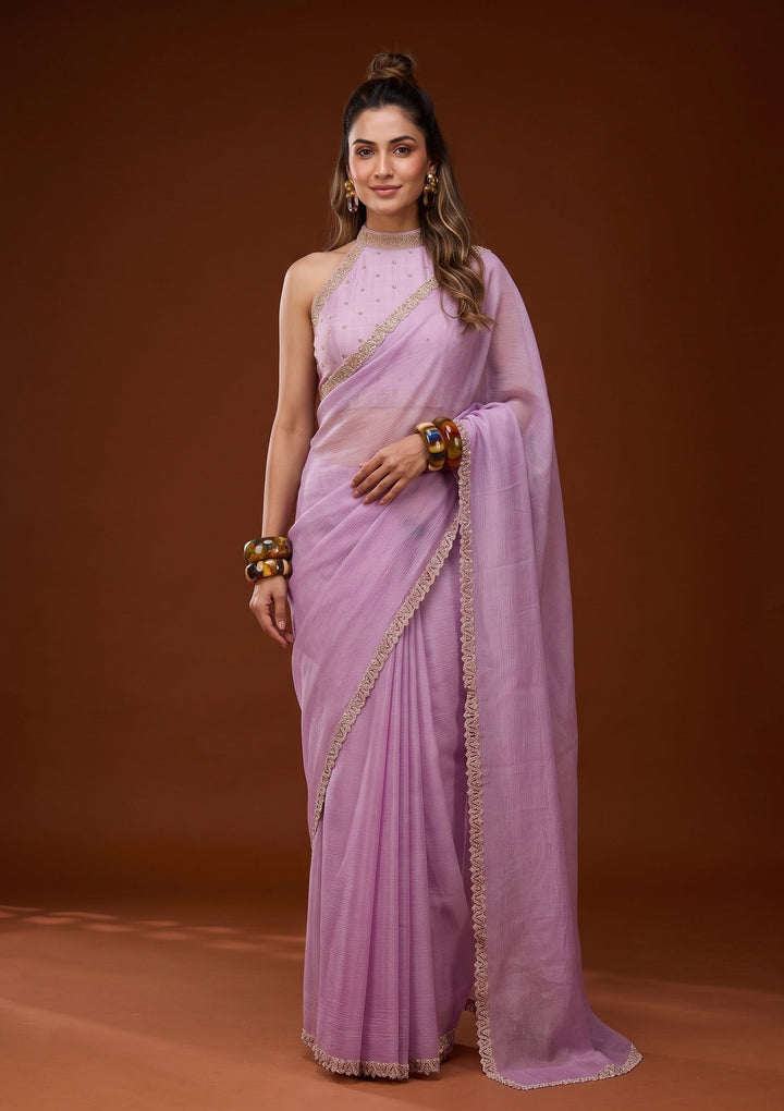 Dark Lavender Stonework (Gold) Chiffon Saree