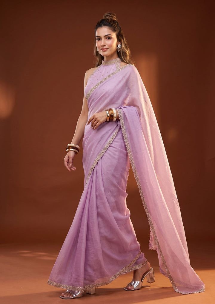 Dark Lavender Stonework (Gold) Chiffon Saree