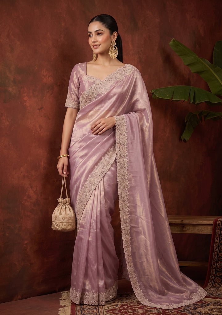 Onion Pink Stonework (Gold) Tissue Saree