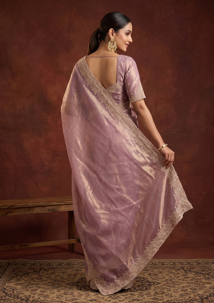 Onion Pink Stonework (Gold) Tissue Saree
