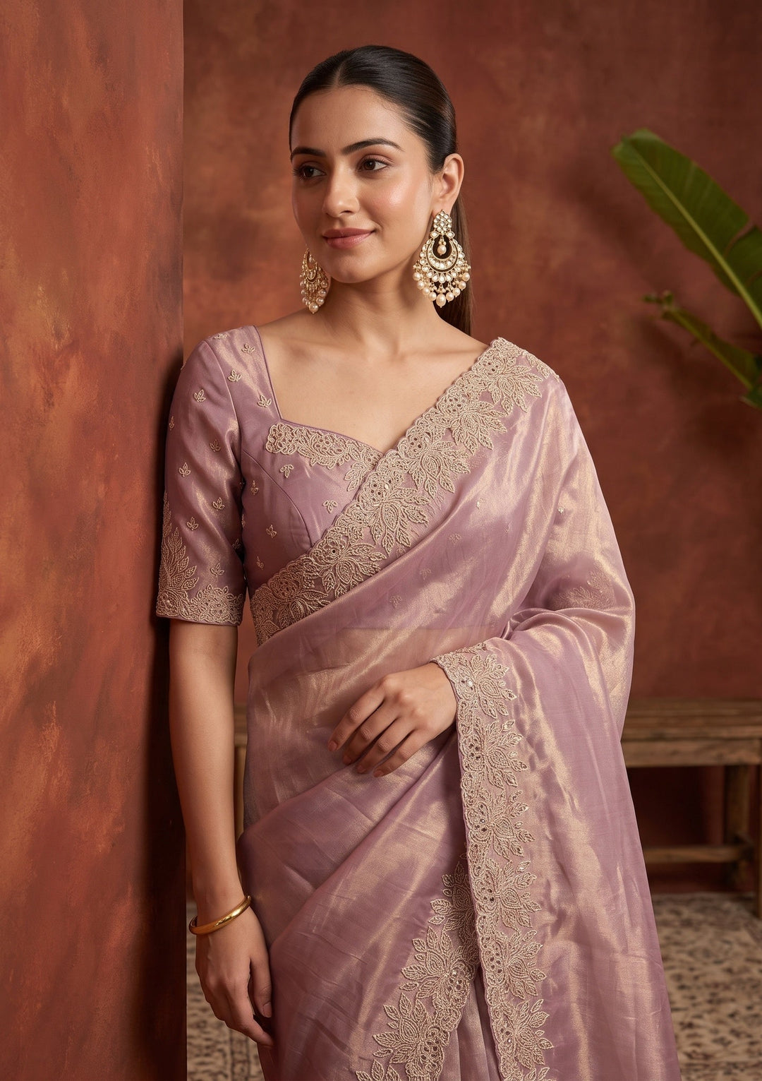 Onion Pink Stonework (Gold) Tissue Saree