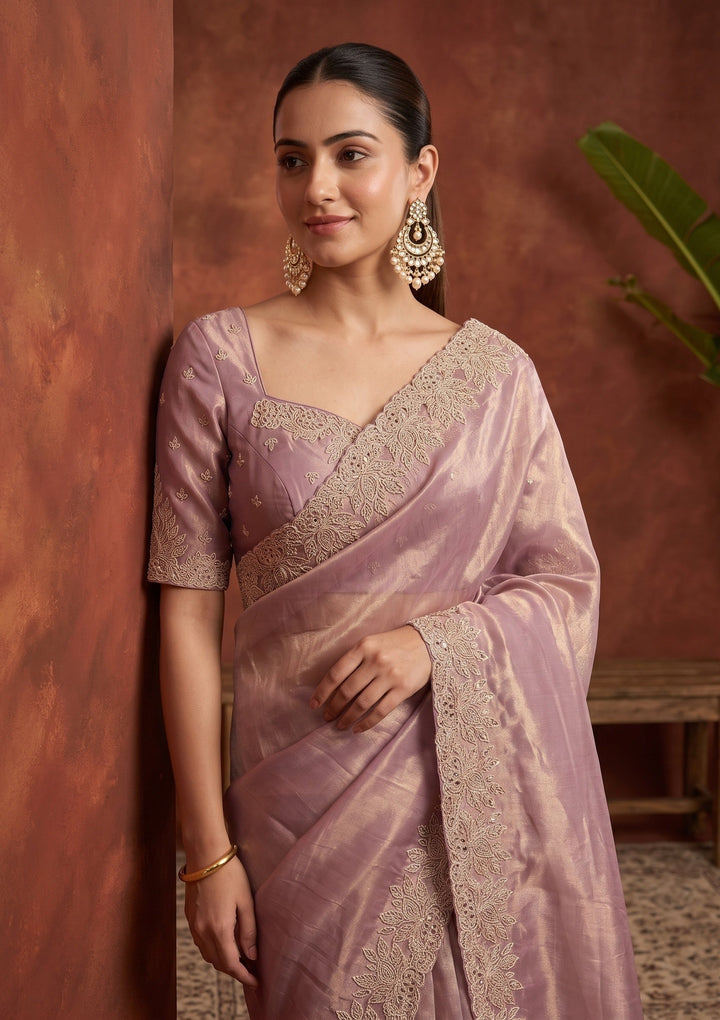 Onion Pink Stonework (Gold) Tissue Saree